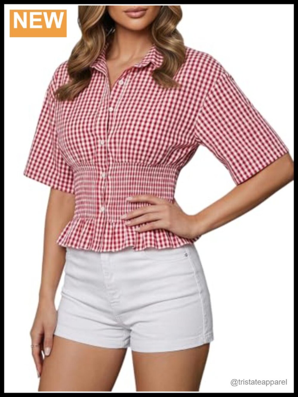Women's Gingham Ruffle Hem Smocked Button Down Blouse